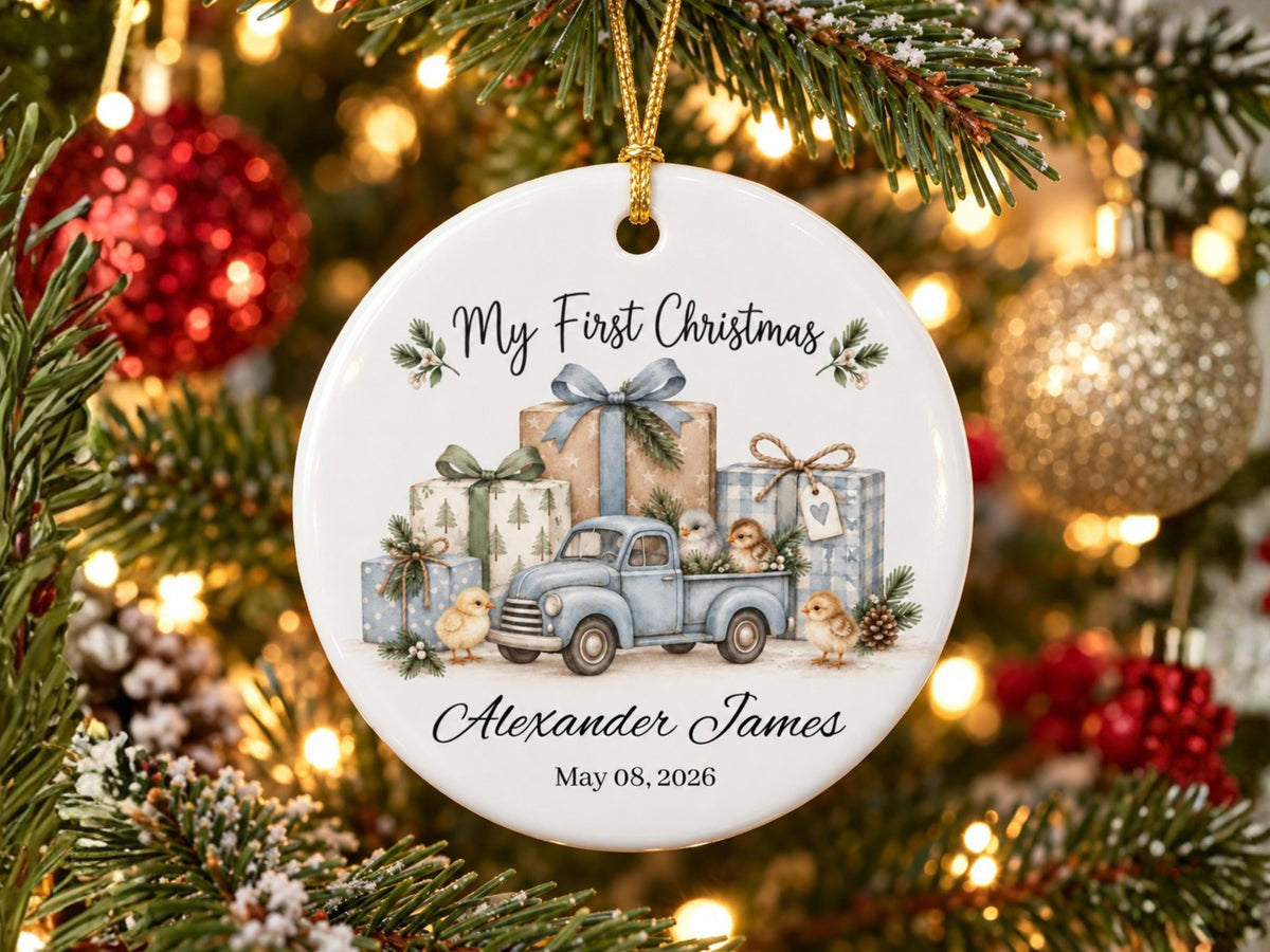 My First Christmas Chicken Ornament, Personalized Baby Name and Date Ornament, Vintage Truck Christmas Keepsake, Farm Baby Gift