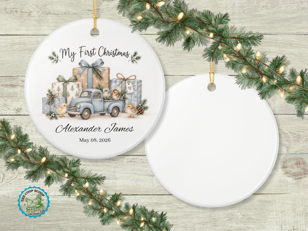 My First Christmas Chicken Ornament, Personalized Baby Name and Date Ornament, Vintage Truck Christmas Keepsake, Farm Baby Gift