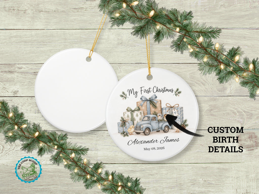 My First Christmas Chicken Ornament, Personalized Baby Name and Date Ornament, Vintage Truck Christmas Keepsake, Farm Baby Gift