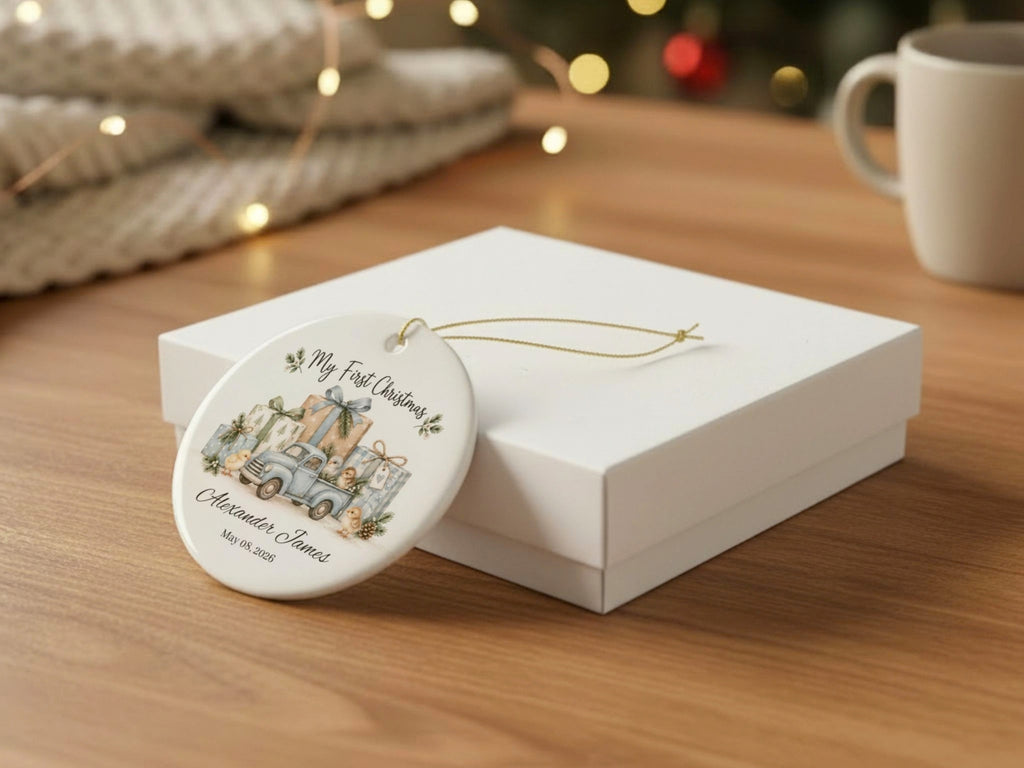 My First Christmas Chicken Ornament, Personalized Baby Name and Date Ornament, Vintage Truck Christmas Keepsake, Farm Baby Gift