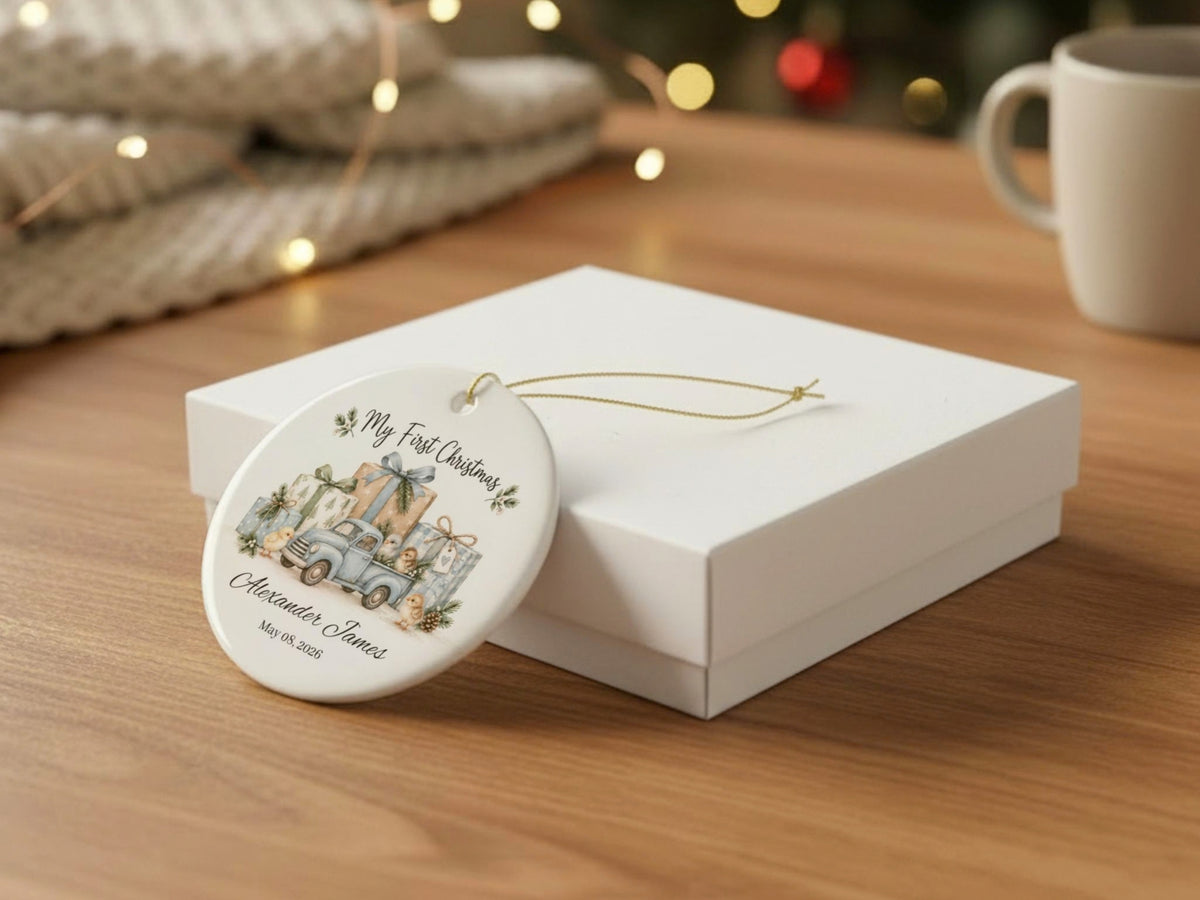 My First Christmas Chicken Ornament, Personalized Baby Name and Date Ornament, Vintage Truck Christmas Keepsake, Farm Baby Gift