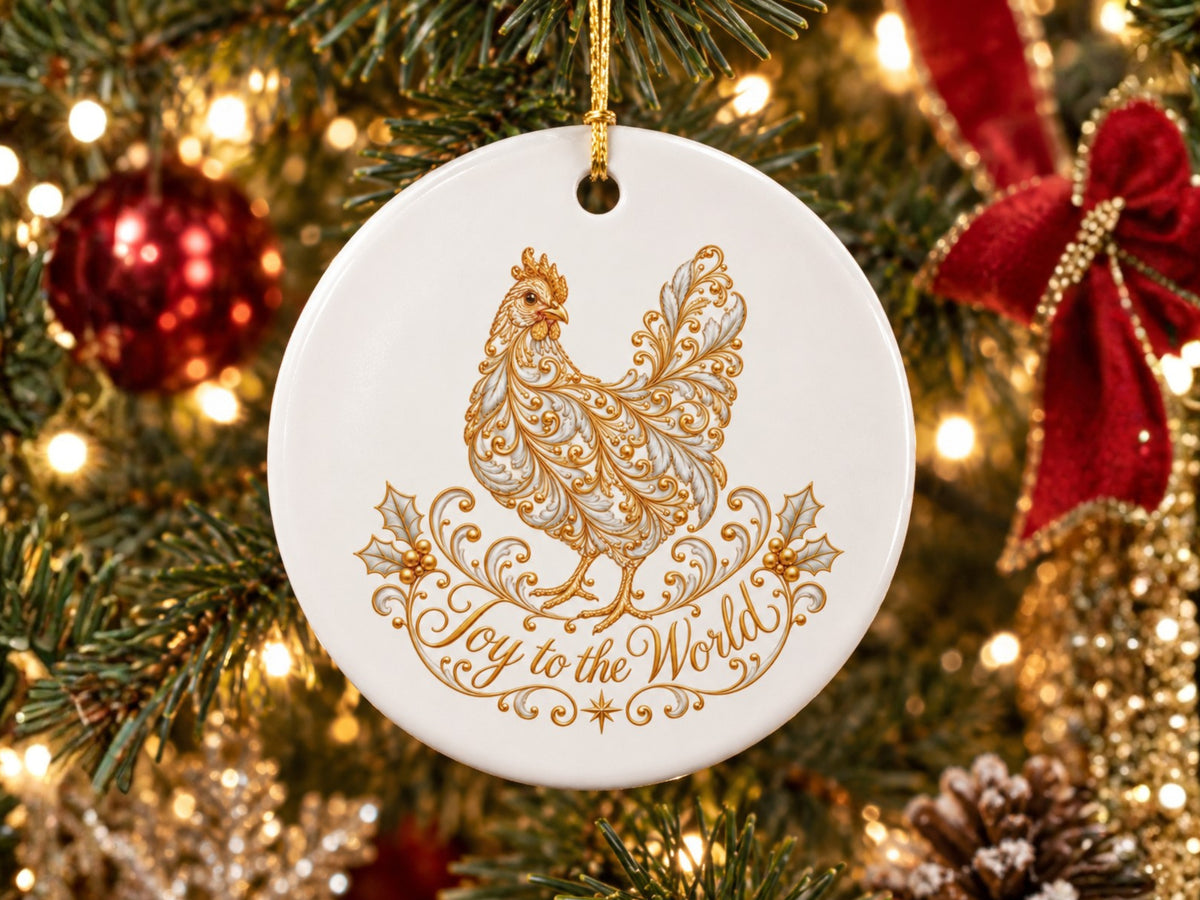 Joy to the World Chicken Christmas Ornament, Elegant Chicken Lover Gift, Farmhouse Holiday Decor, Personalized Xmas Message