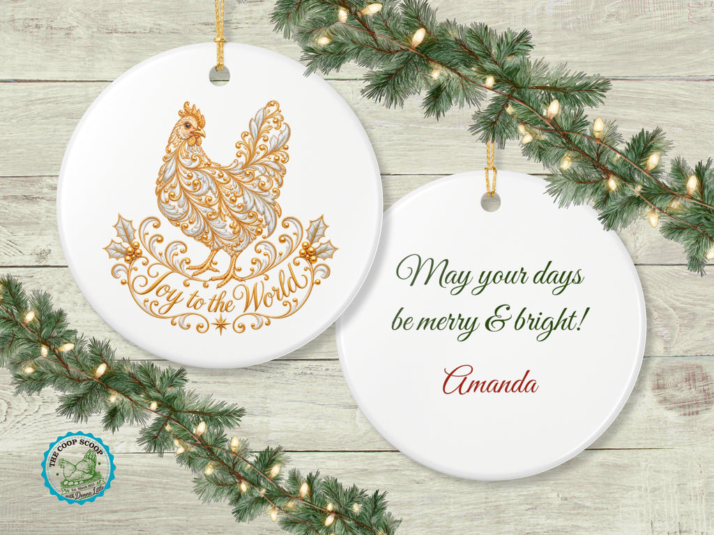 Joy to the World Chicken Christmas Ornament, Elegant Chicken Lover Gift, Farmhouse Holiday Decor, Personalized Xmas Message