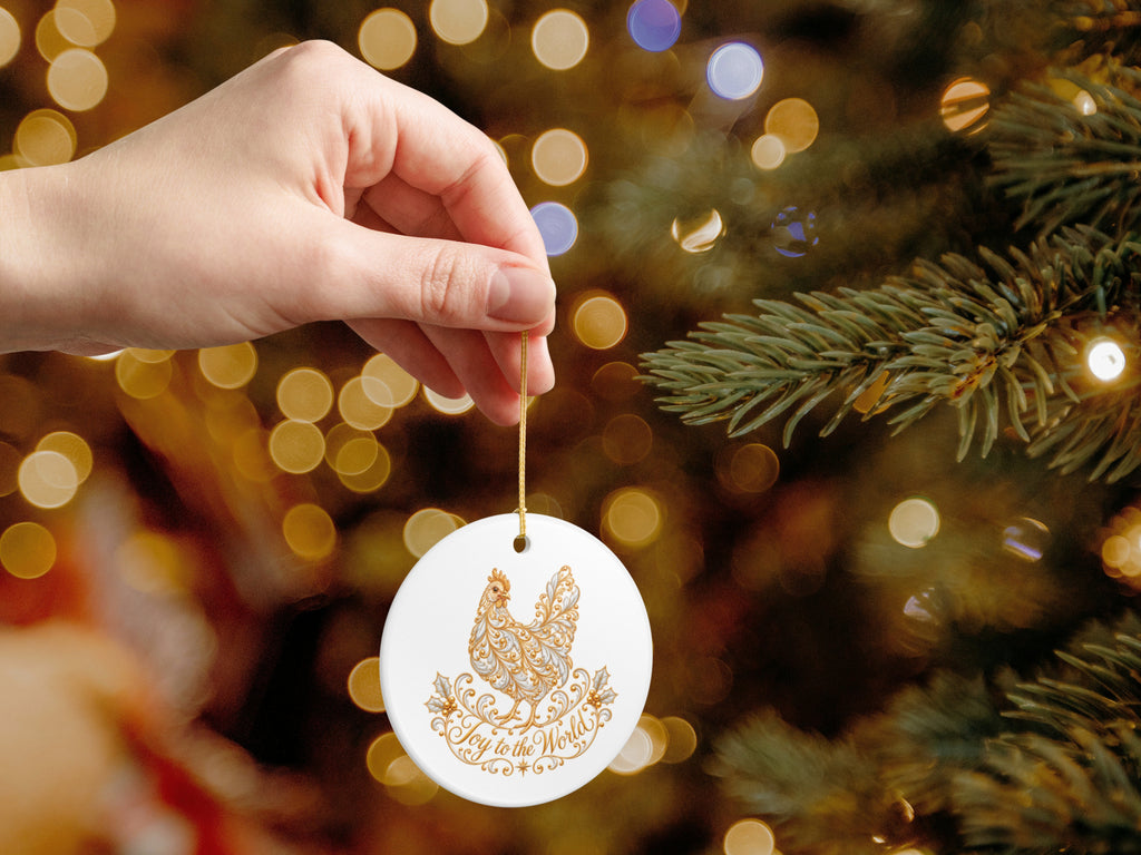 Joy to the World Chicken Christmas Ornament, Elegant Chicken Lover Gift, Farmhouse Holiday Decor, Personalized Xmas Message