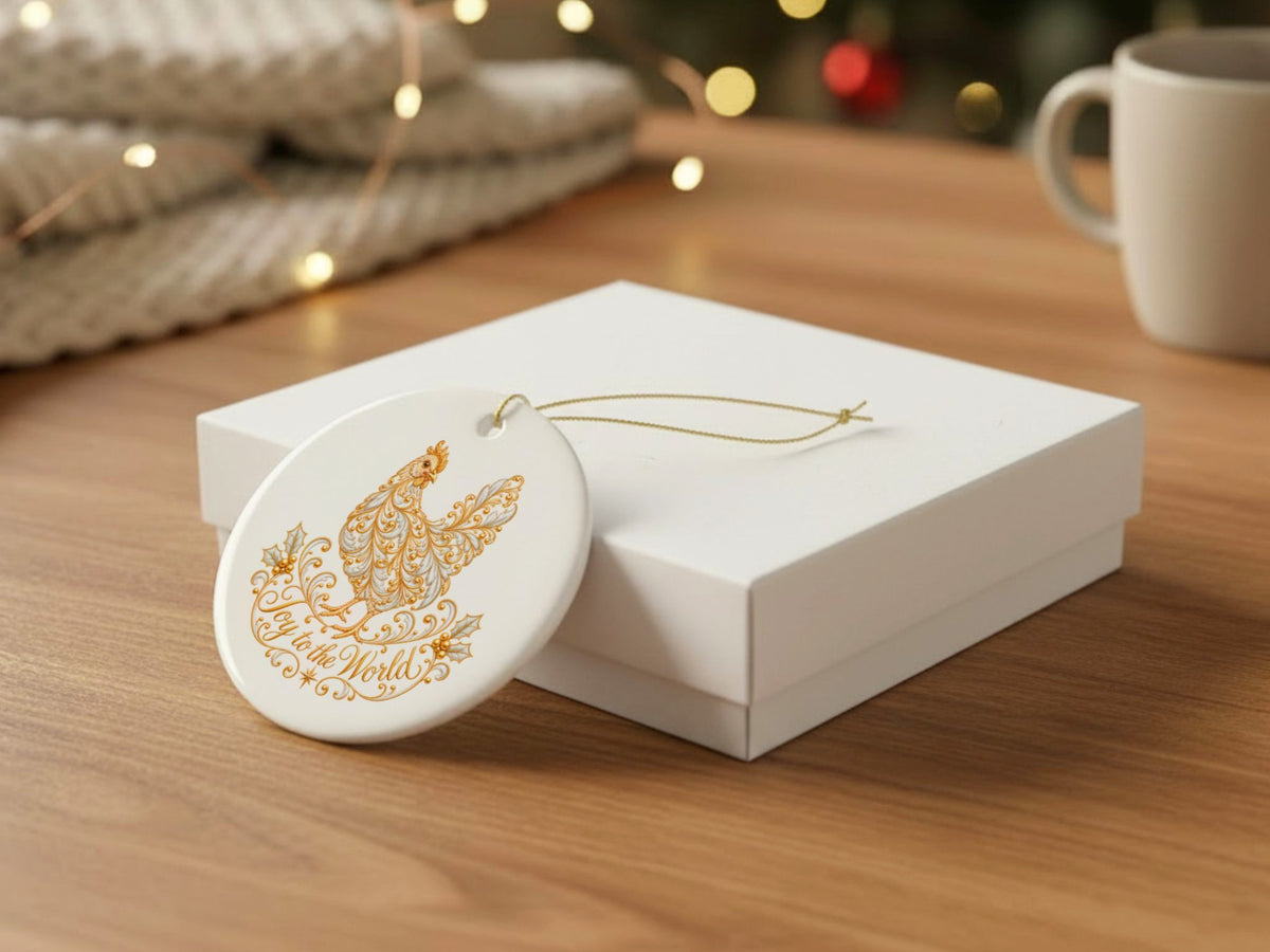 Joy to the World Chicken Christmas Ornament, Elegant Chicken Lover Gift, Farmhouse Holiday Decor, Personalized Xmas Message