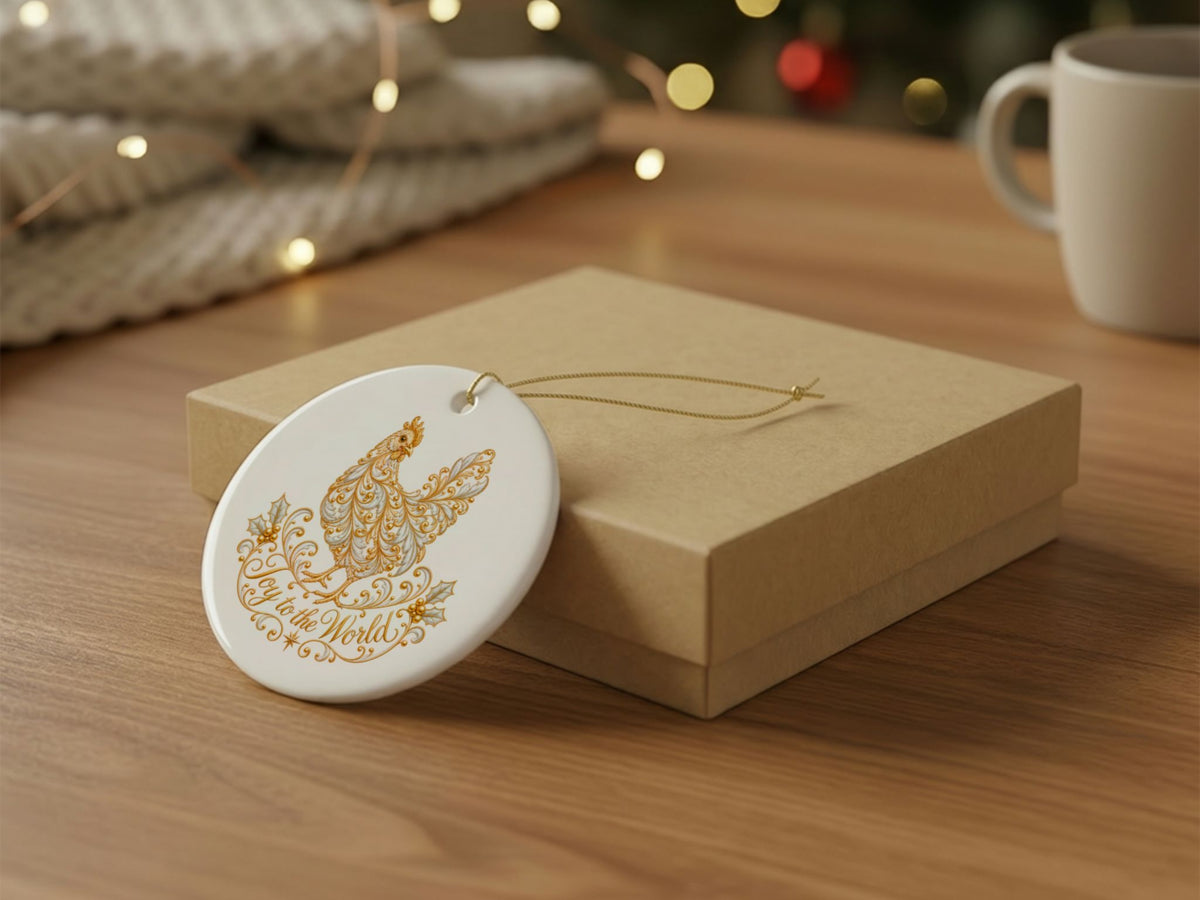 Joy to the World Chicken Christmas Ornament, Elegant Chicken Lover Gift, Farmhouse Holiday Decor, Personalized Xmas Message
