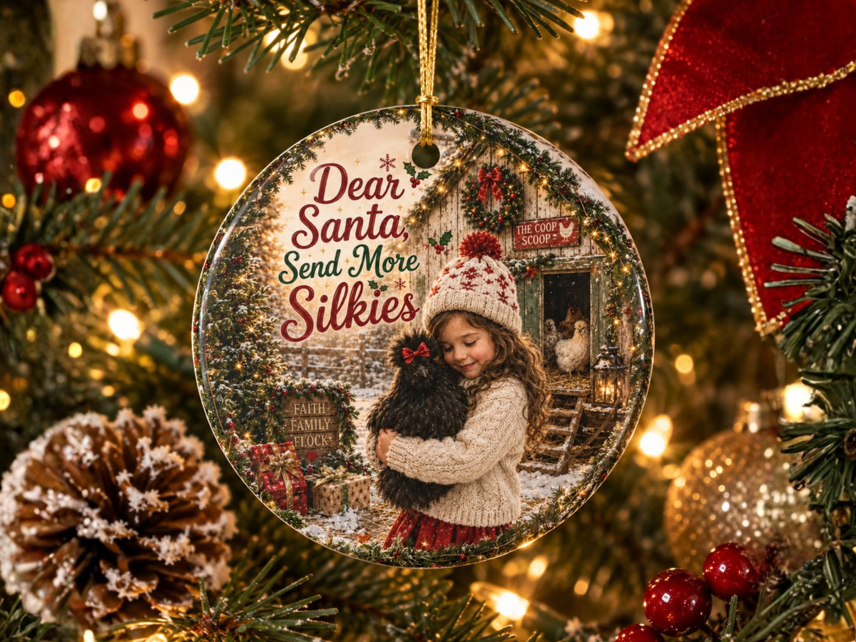 Dear Santa Send More Silkies Chicken Christmas Ornament, Silkie Lover Gift, Farmhouse Holiday Decor, Personalized Xmas Message
