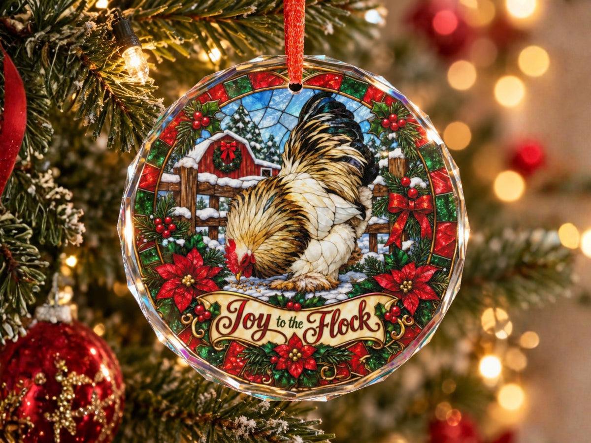 Joy to the Flock Chicken Glass Ornament, Chicken Lover Christmas Gift, Stained Glass Hen Ornament, Farmhouse Holiday Decor
