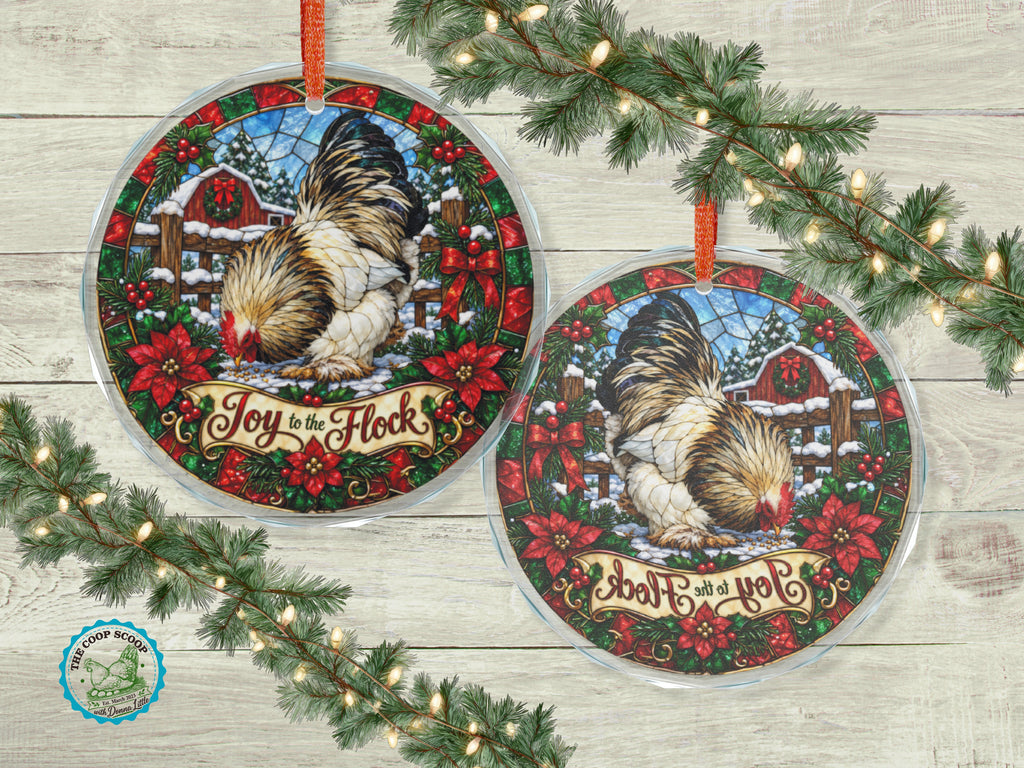 Joy to the Flock Chicken Glass Ornament, Chicken Lover Christmas Gift, Stained Glass Hen Ornament, Farmhouse Holiday Decor