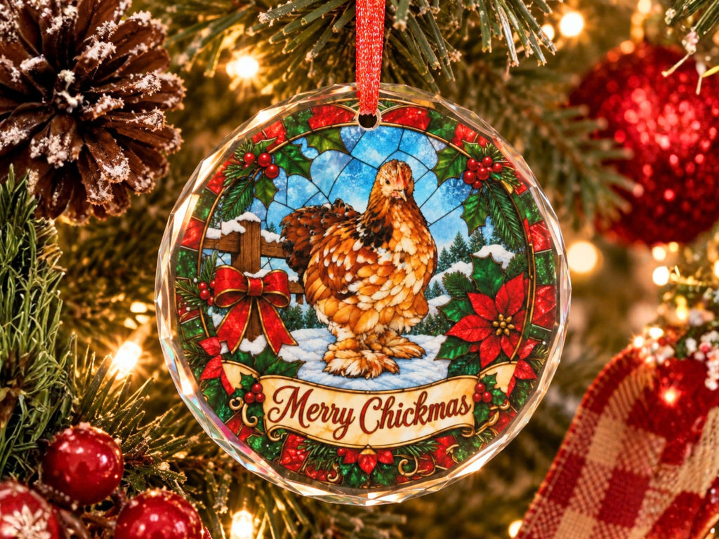Merry Chickmas Chicken Glass Ornament, Chicken Lover Christmas Gift, Stained Glass Hen Ornament, Farmhouse Holiday Decor