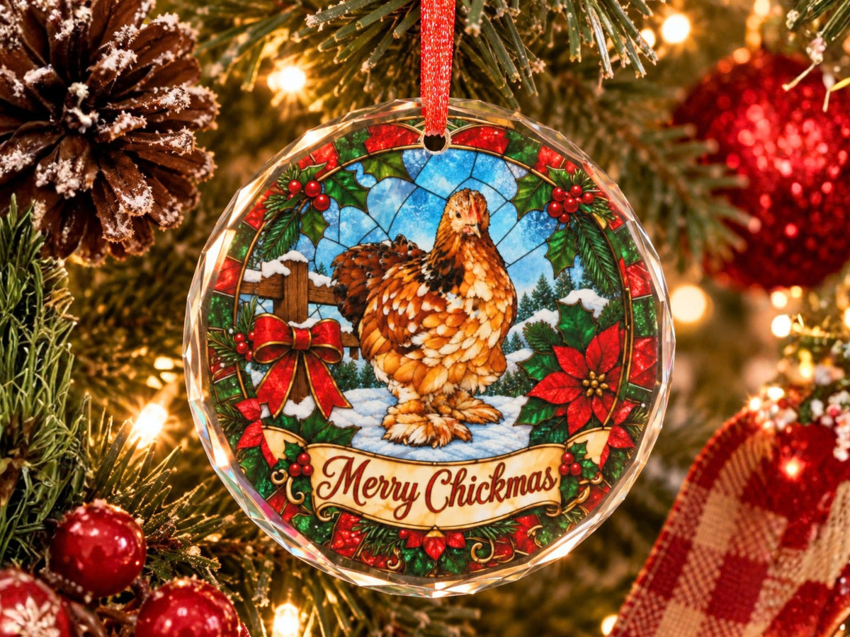 Merry Chickmas Chicken Glass Ornament, Chicken Lover Christmas Gift, Stained Glass Hen Ornament, Farmhouse Holiday Decor