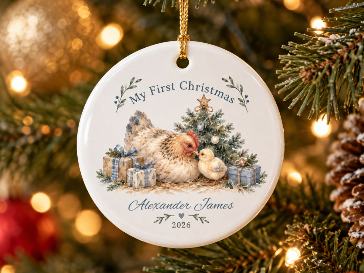 My First Christmas Chicken Ornament, Personalized Baby Christmas Keepsake, Custom Name and Year Ornament, Chicken Lover Gift
