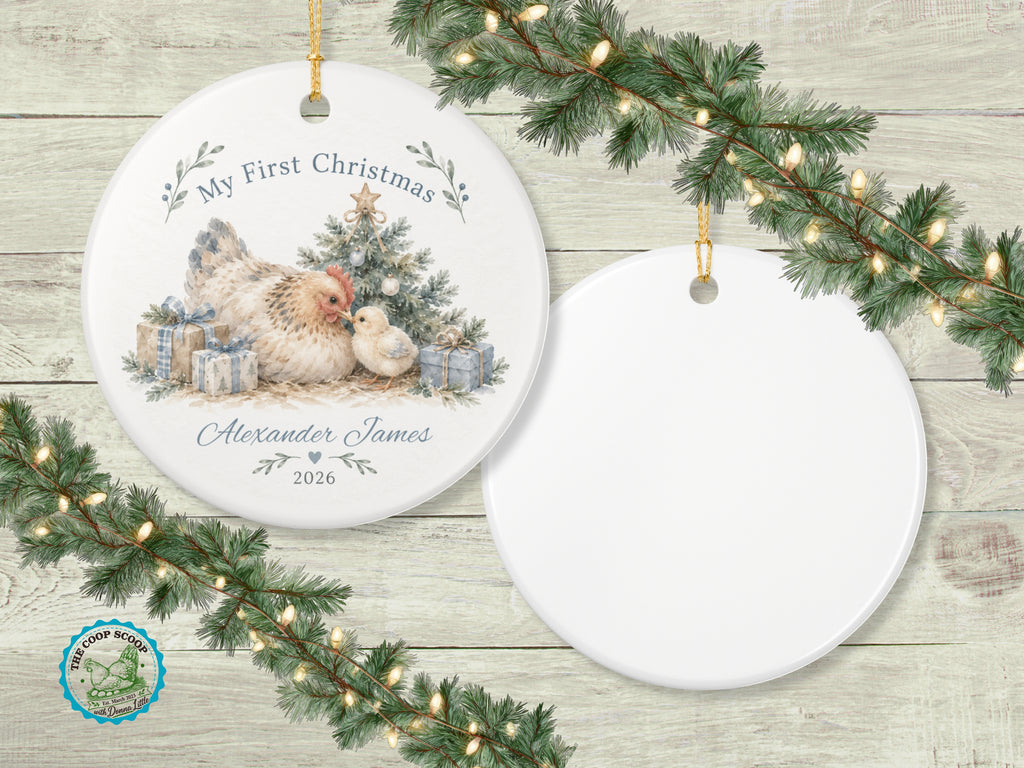 My First Christmas Chicken Ornament, Personalized Baby Christmas Keepsake, Custom Name and Year Ornament, Chicken Lover Gift