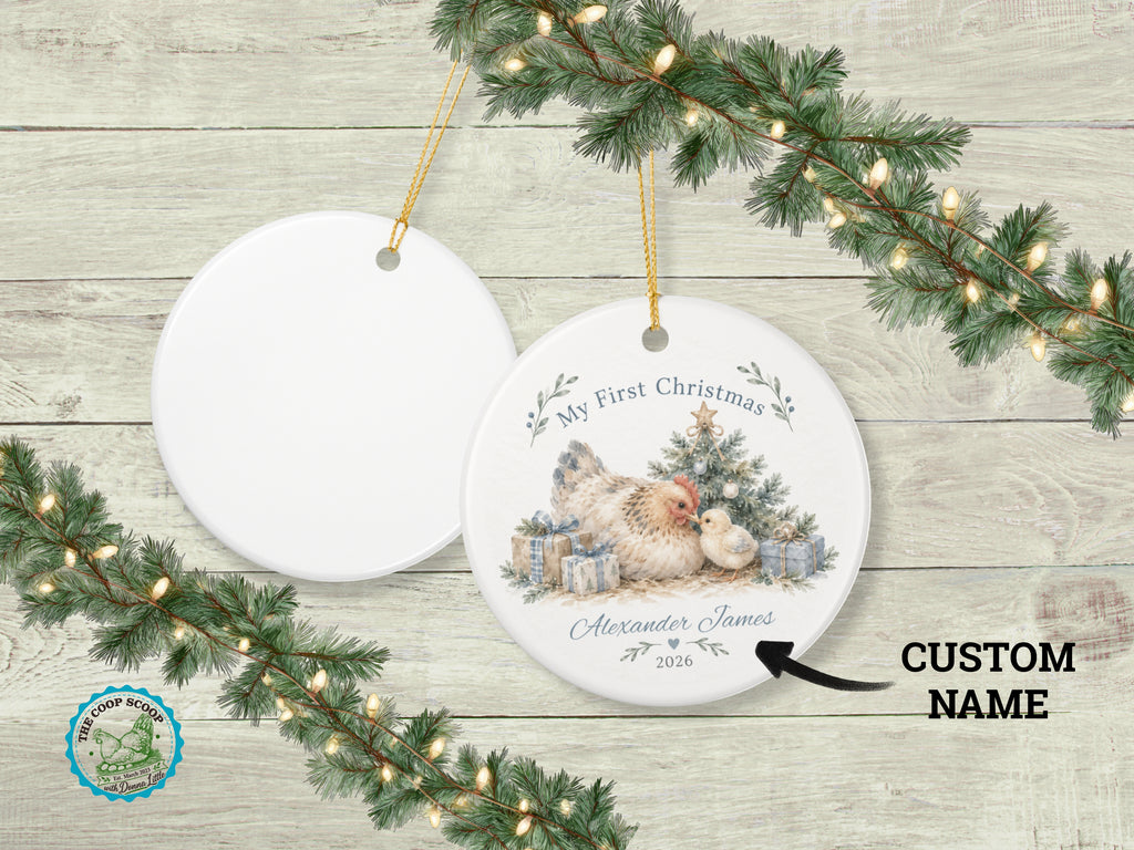 My First Christmas Chicken Ornament, Personalized Baby Christmas Keepsake, Custom Name and Year Ornament, Chicken Lover Gift
