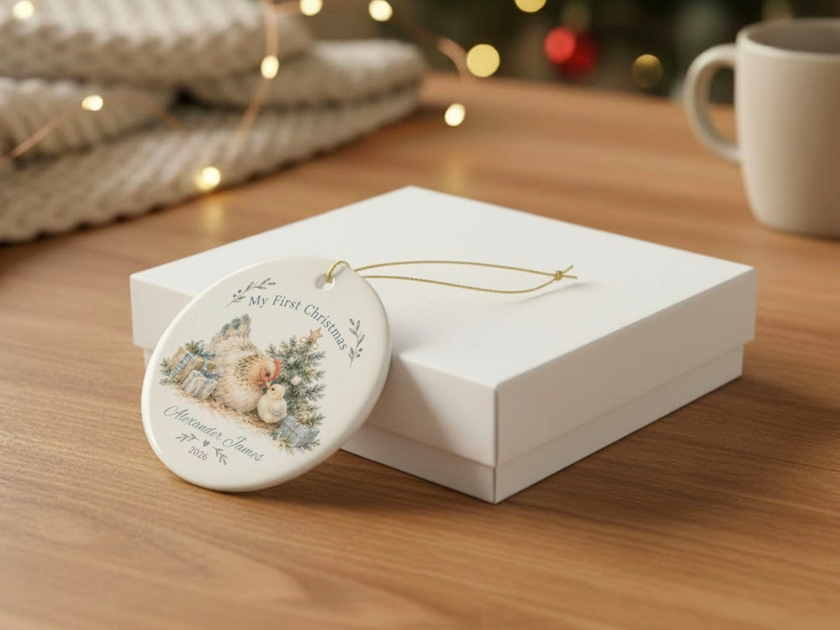 My First Christmas Chicken Ornament, Personalized Baby Christmas Keepsake, Custom Name and Year Ornament, Chicken Lover Gift
