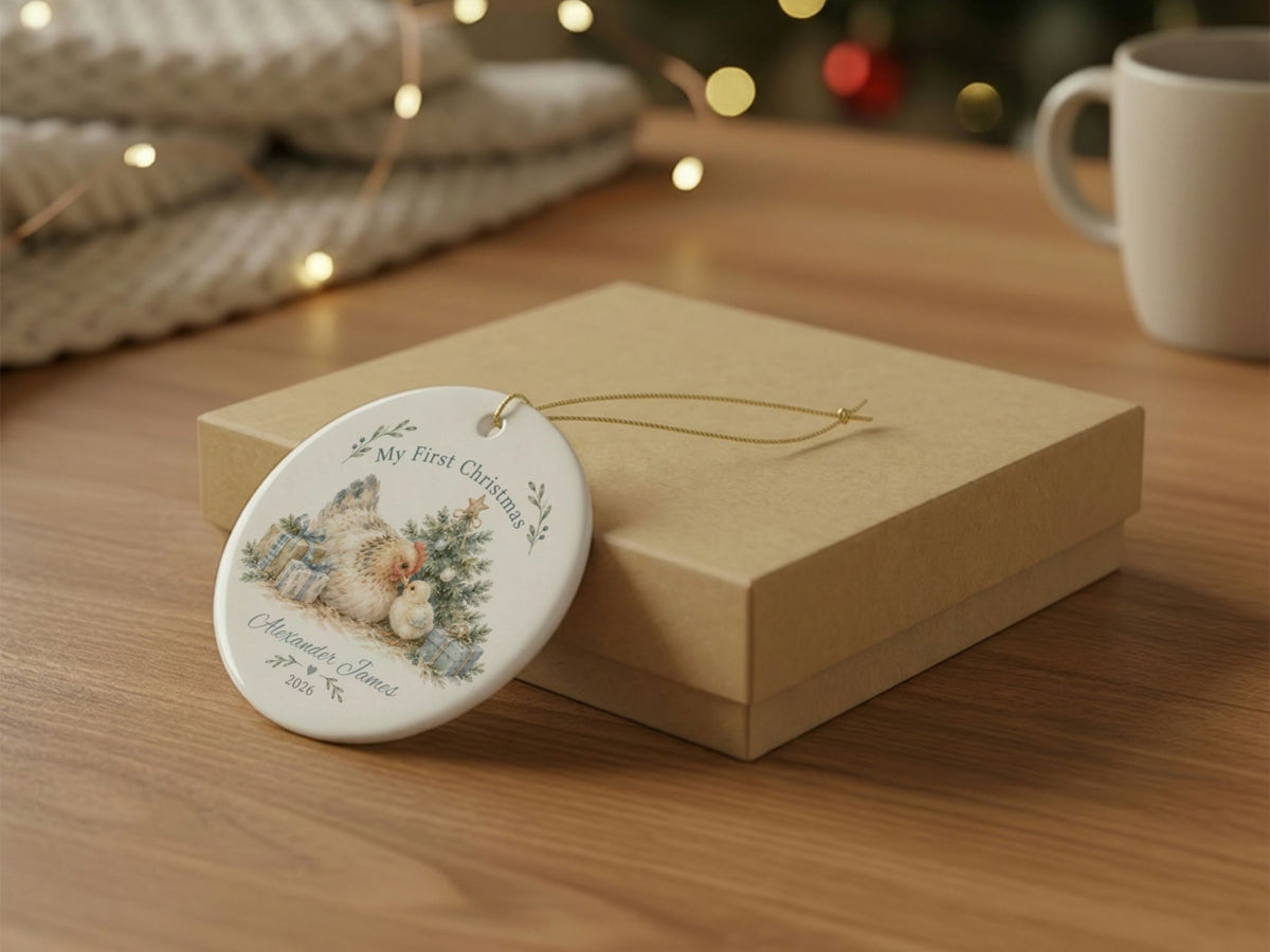 My First Christmas Chicken Ornament, Personalized Baby Christmas Keepsake, Custom Name and Year Ornament, Chicken Lover Gift