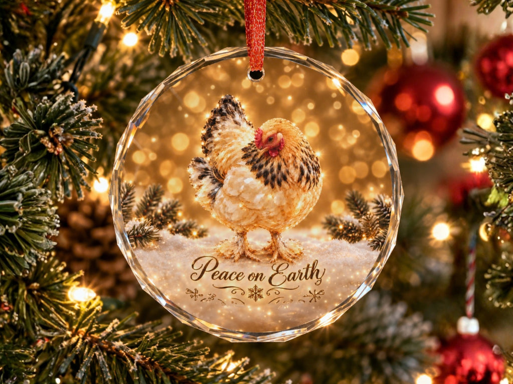 Peace on Earth Chicken Glass Ornament, Chicken Lover Christmas Gift, Winter Hen Ornament, Farmhouse Holiday Decor