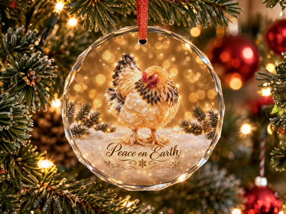 Peace on Earth Chicken Glass Ornament, Chicken Lover Christmas Gift, Winter Hen Ornament, Farmhouse Holiday Decor
