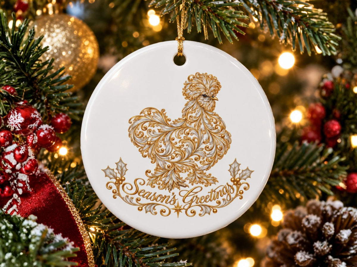 Season's Greetings Chicken Christmas Ornament, Elegant Chicken Lover Gift, Gold Farmhouse Holiday Decor, Personalized Xmas Message