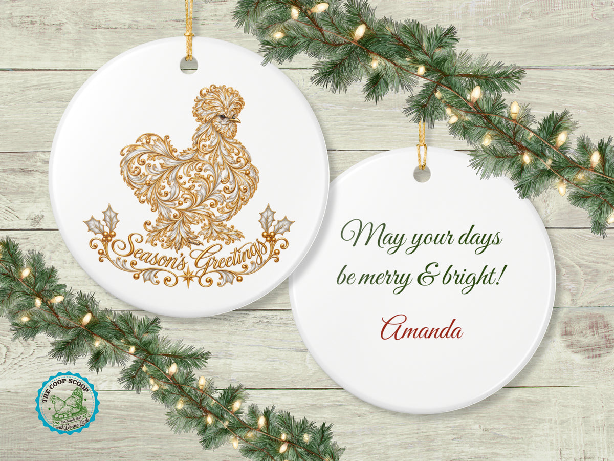 Season's Greetings Chicken Christmas Ornament, Elegant Chicken Lover Gift, Gold Farmhouse Holiday Decor, Personalized Xmas Message