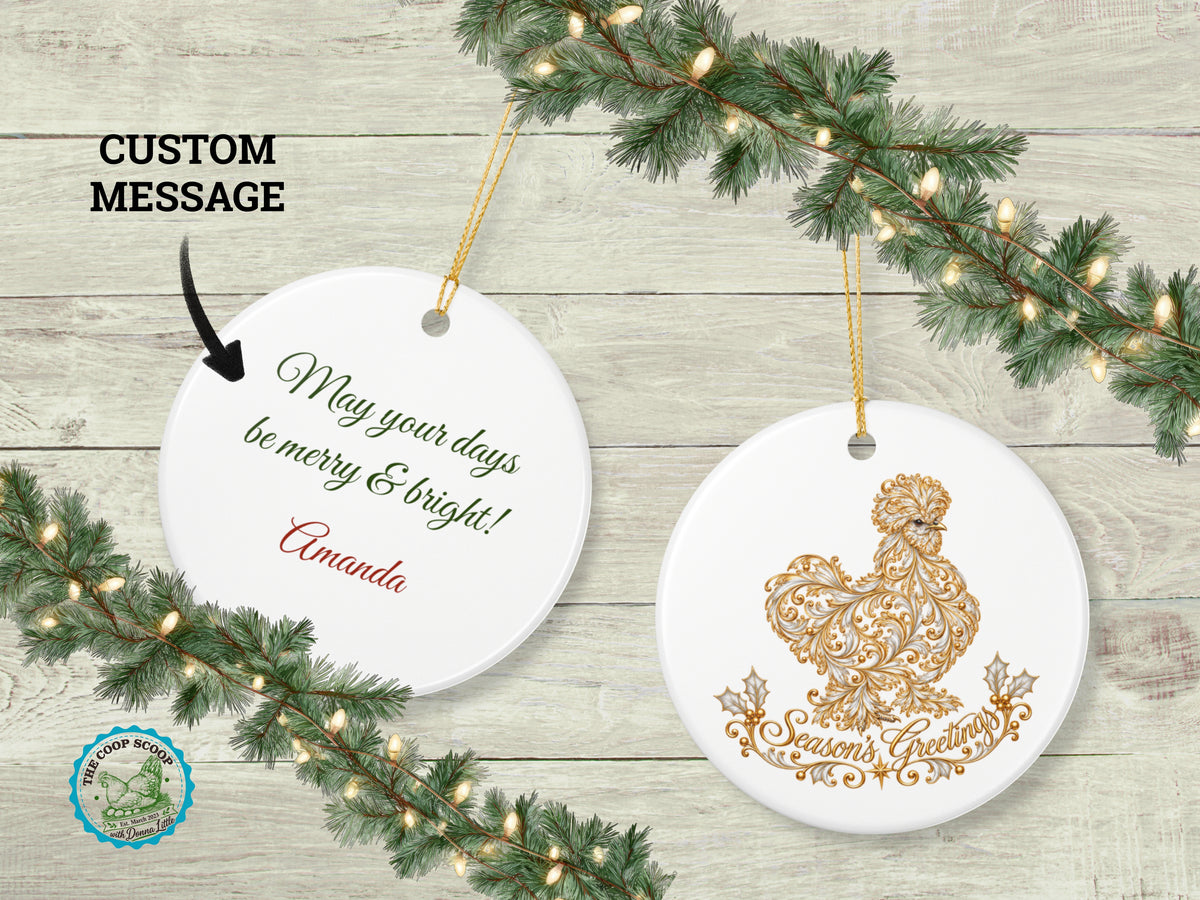 Season's Greetings Chicken Christmas Ornament, Elegant Chicken Lover Gift, Gold Farmhouse Holiday Decor, Personalized Xmas Message