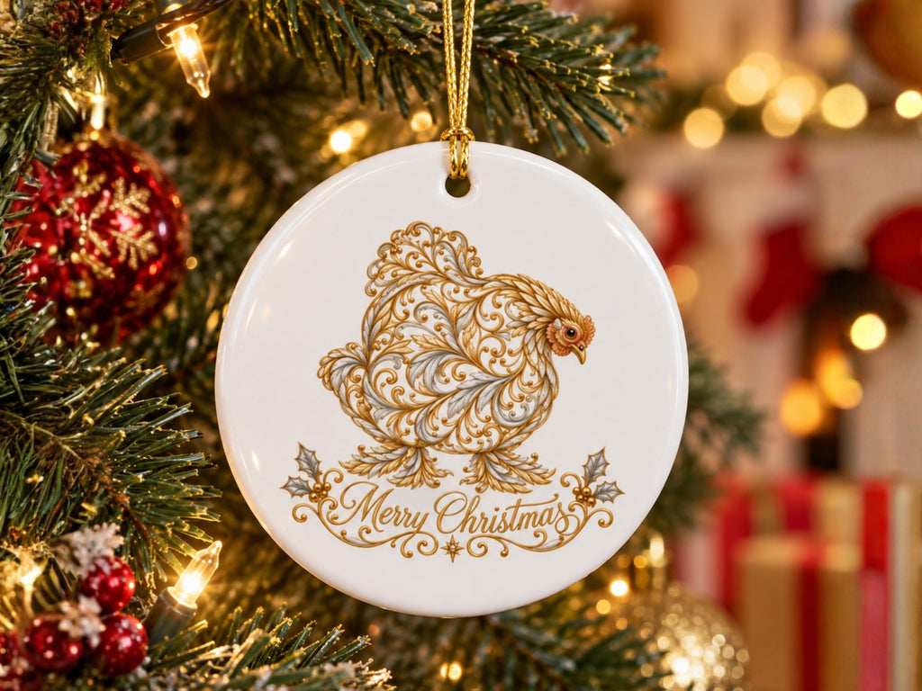 Merry Christmas Chicken Ornament, Elegant Chicken Lover Gift, Gold Farmhouse Holiday Decor, Personalized Xmas Message