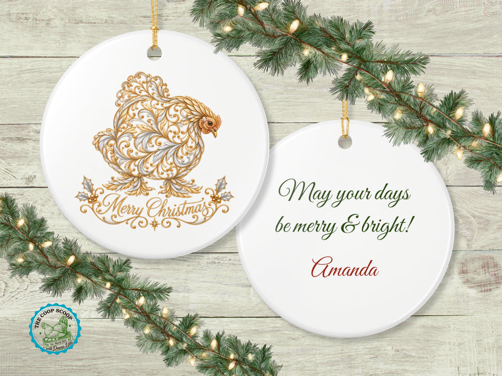Merry Christmas Chicken Ornament, Elegant Chicken Lover Gift, Gold Farmhouse Holiday Decor, Personalized Xmas Message