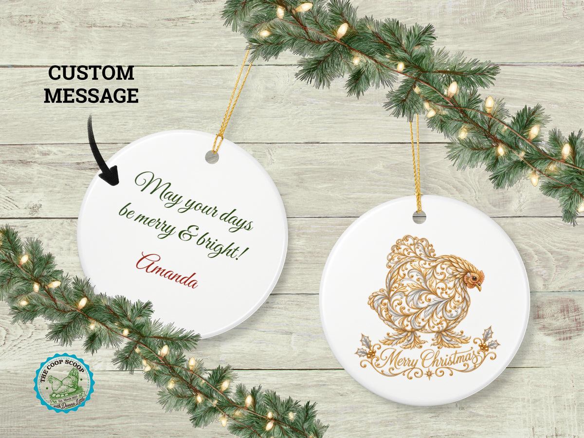 Merry Christmas Chicken Ornament, Elegant Chicken Lover Gift, Gold Farmhouse Holiday Decor, Personalized Xmas Message