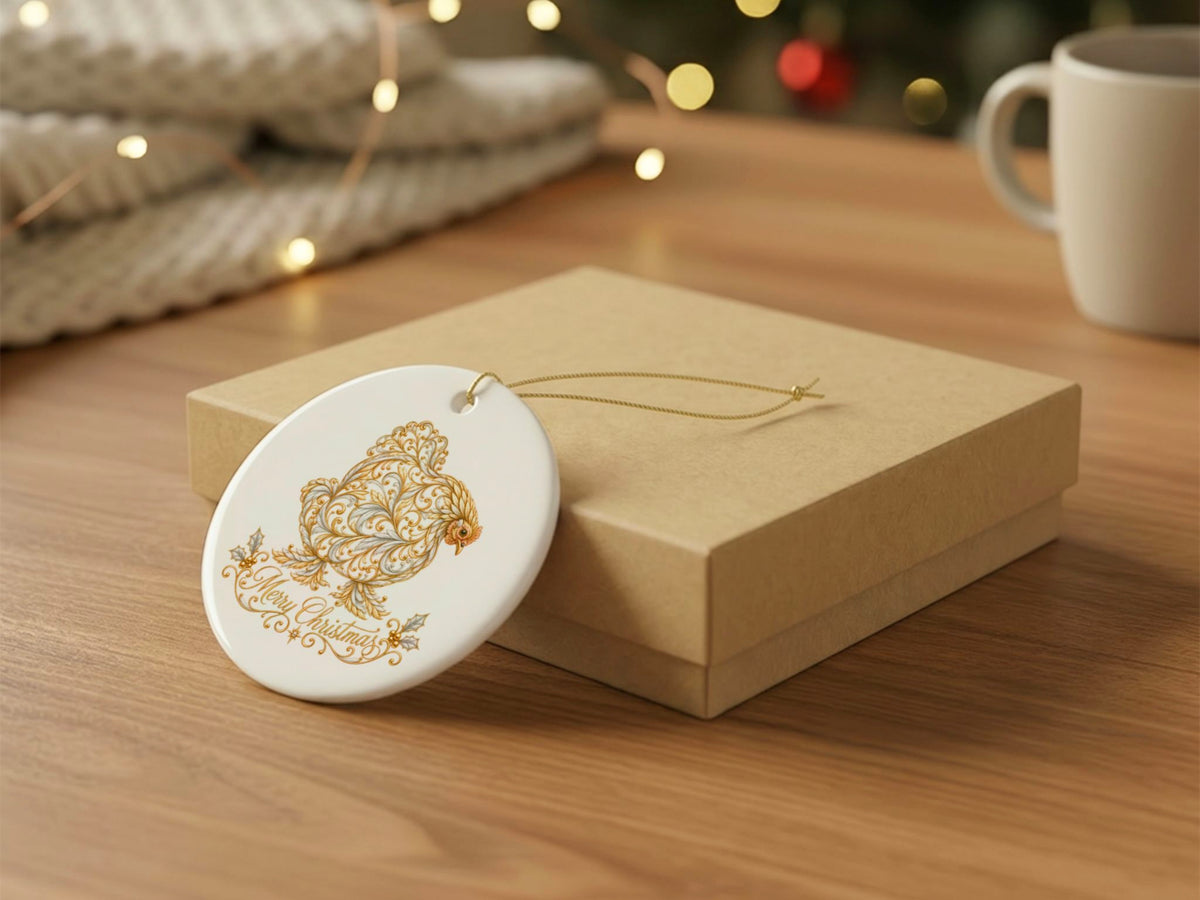 Merry Christmas Chicken Ornament, Elegant Chicken Lover Gift, Gold Farmhouse Holiday Decor, Personalized Xmas Message