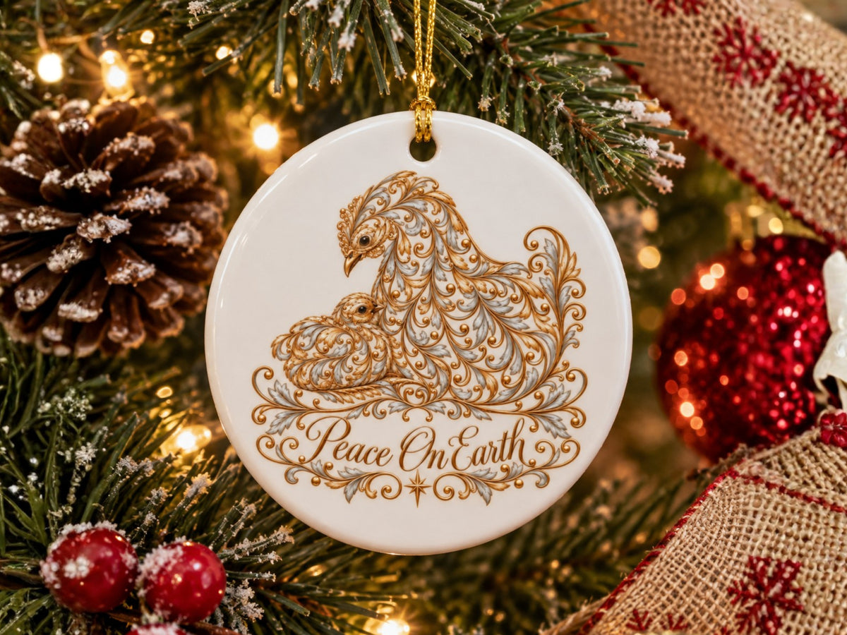 Peace On Earth Chicken Christmas Ornament, Elegant Chicken Lover Gift, Gold Farmhouse Holiday Decor, Personalized Xmas Message
