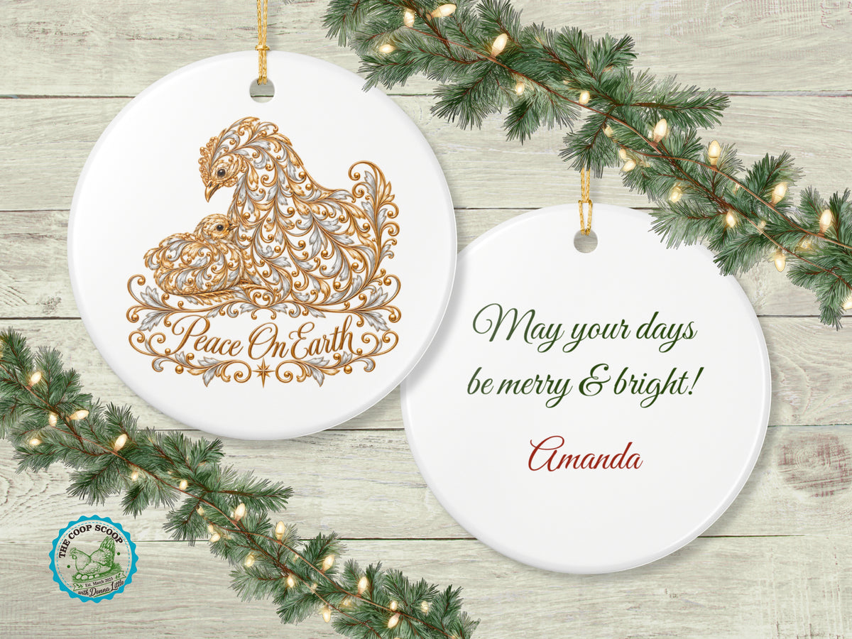 Peace On Earth Chicken Christmas Ornament, Elegant Chicken Lover Gift, Gold Farmhouse Holiday Decor, Personalized Xmas Message