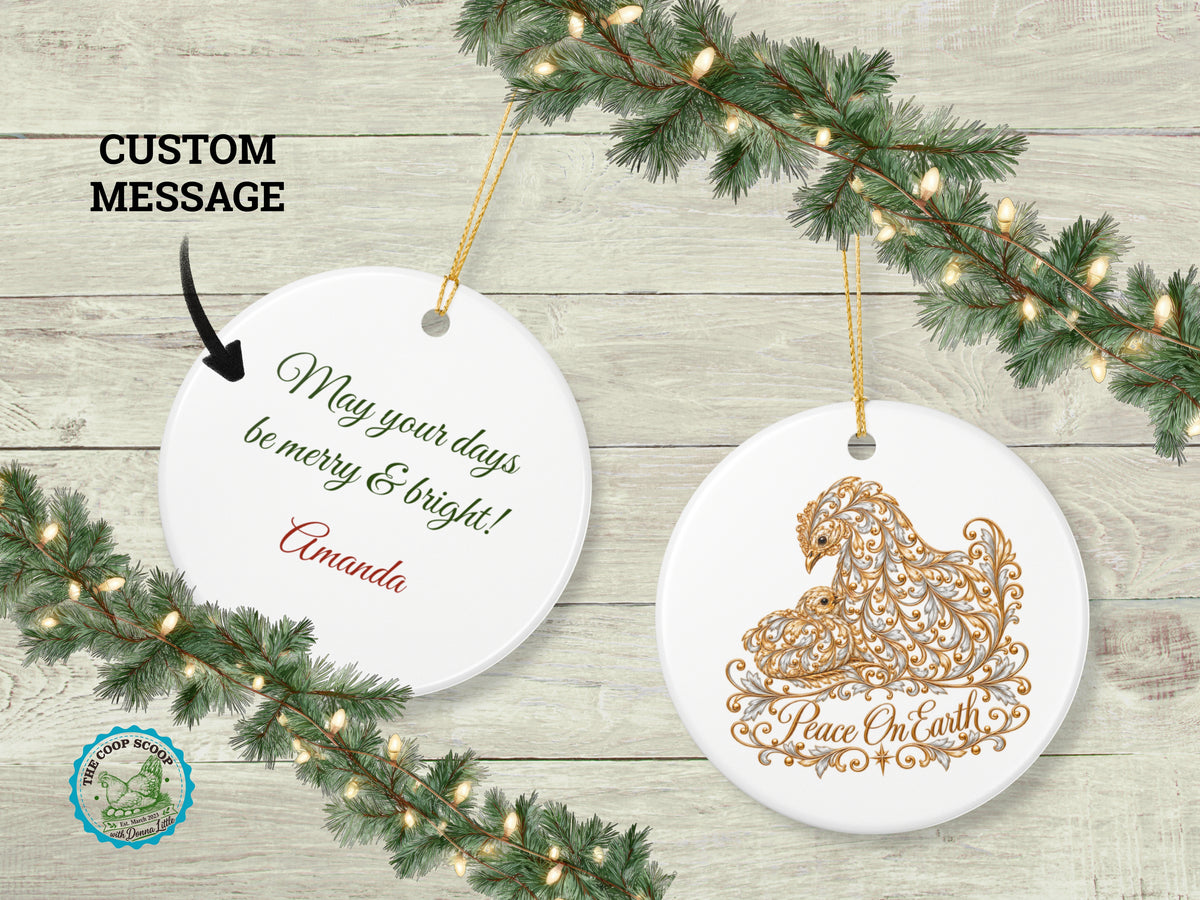 Peace On Earth Chicken Christmas Ornament, Elegant Chicken Lover Gift, Gold Farmhouse Holiday Decor, Personalized Xmas Message