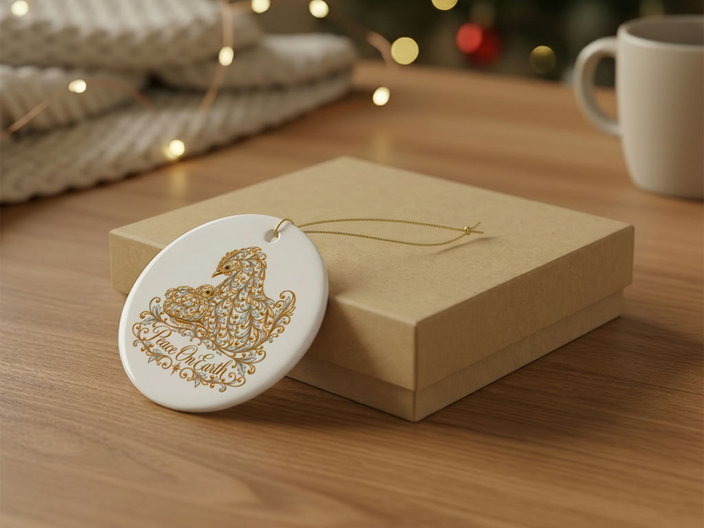 Peace On Earth Chicken Christmas Ornament, Elegant Chicken Lover Gift, Gold Farmhouse Holiday Decor, Personalized Xmas Message