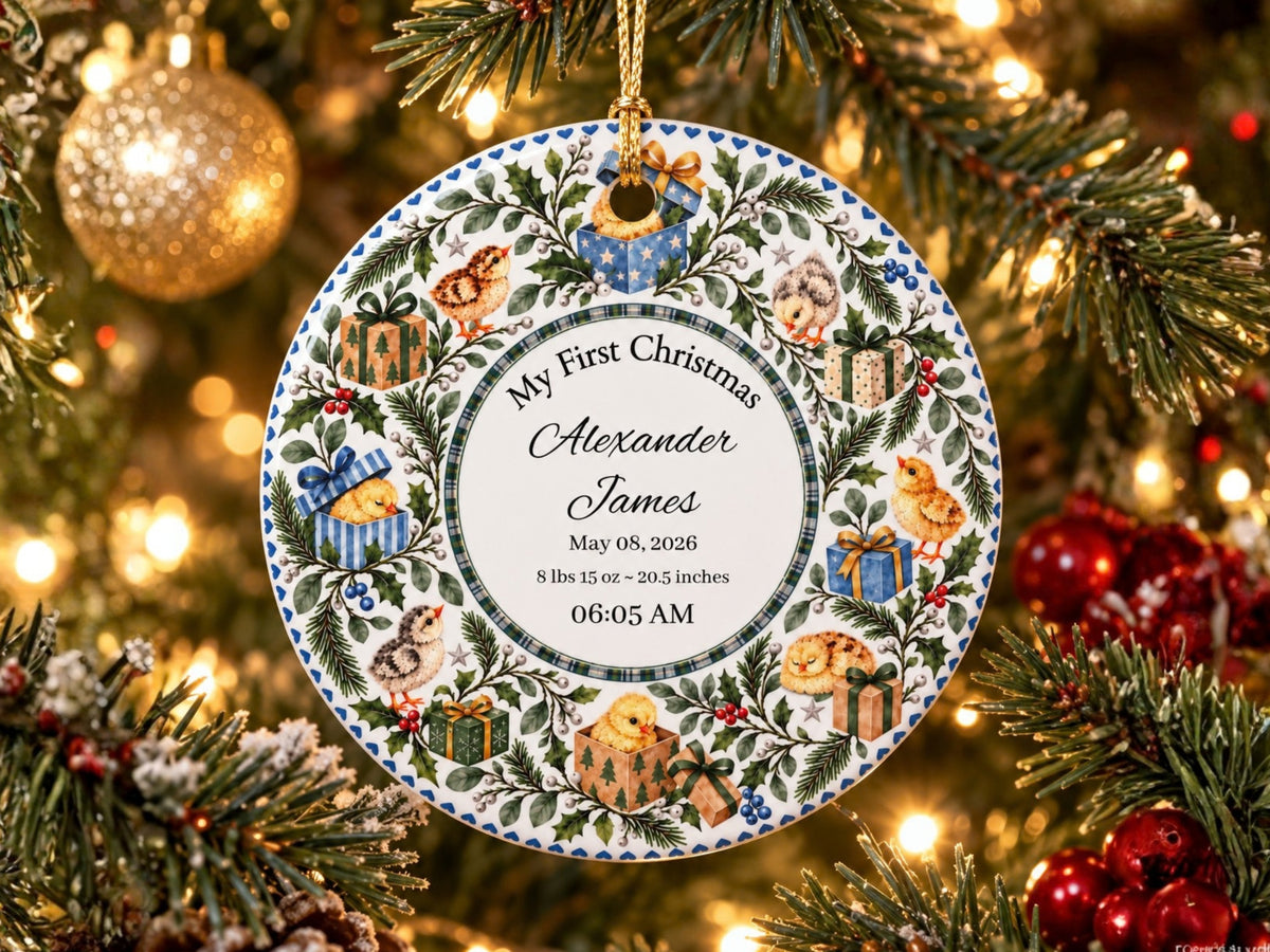My First Christmas Chicken Ornament, Personalized Baby Birth Stats Ornament, Custom Name Date Weight Time Keepsake, Chicken Lover Gift