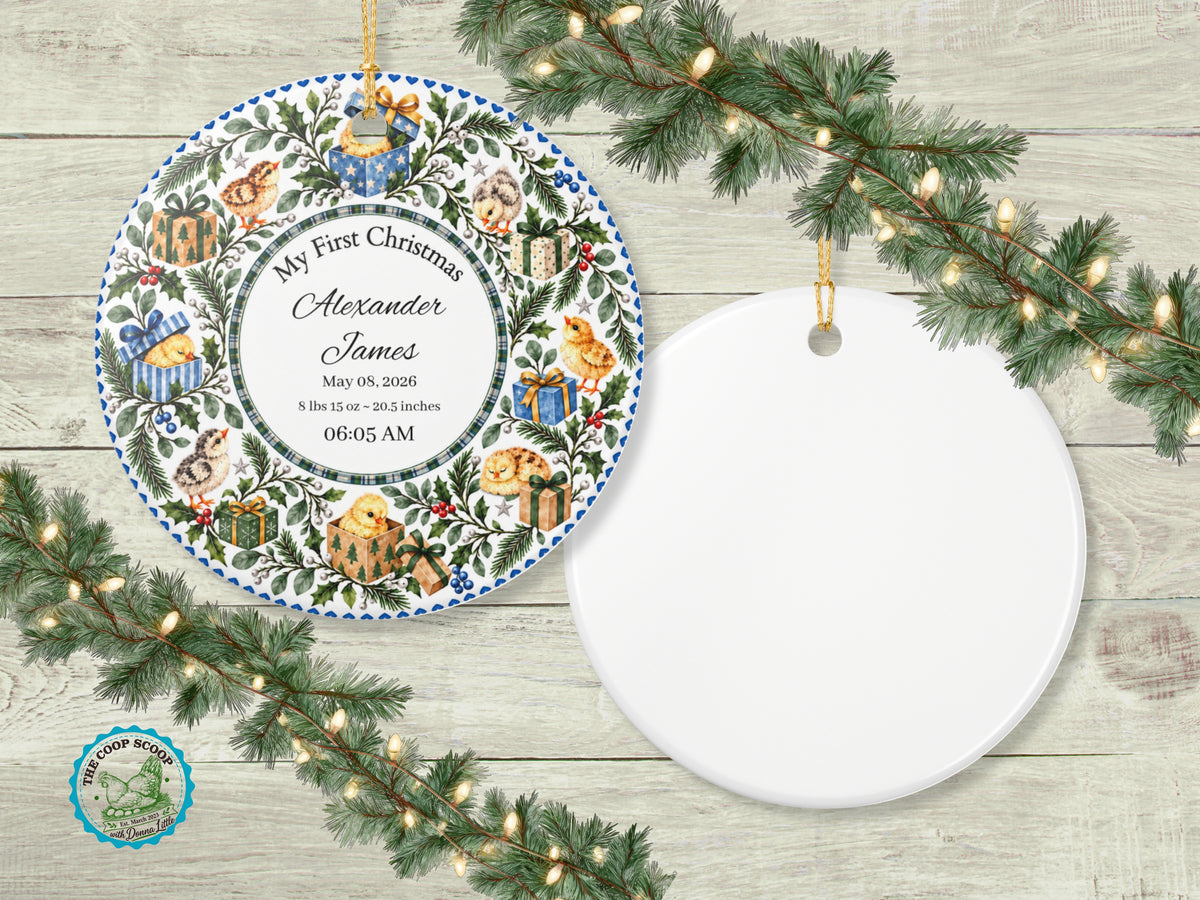 My First Christmas Chicken Ornament, Personalized Baby Birth Stats Ornament, Custom Name Date Weight Time Keepsake, Chicken Lover Gift