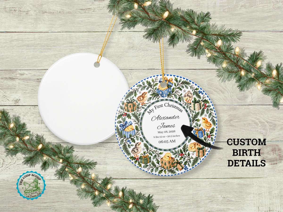 My First Christmas Chicken Ornament, Personalized Baby Birth Stats Ornament, Custom Name Date Weight Time Keepsake, Chicken Lover Gift