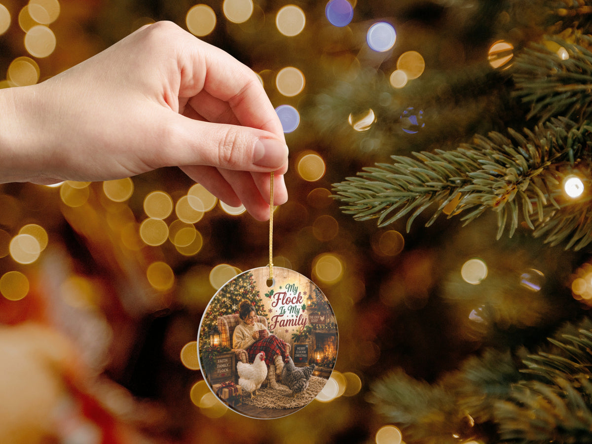 My Flock Is My Family Chicken Christmas Ornament, Personalized Chicken Lover Gift, Farmhouse Holiday Decor, Custom Xmas Message