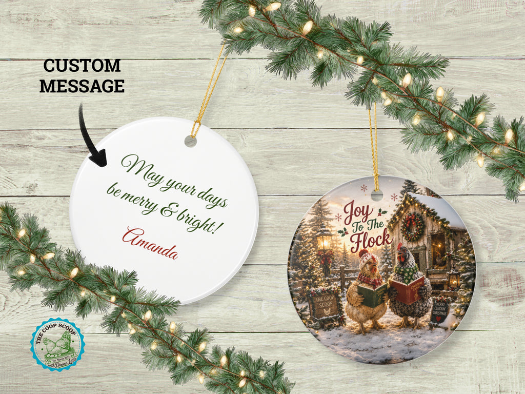 Joy To The Flock Chicken Christmas Ornament, Chicken Lover Gift, Funny Farmhouse Holiday Decor, Personalized Xmas Message