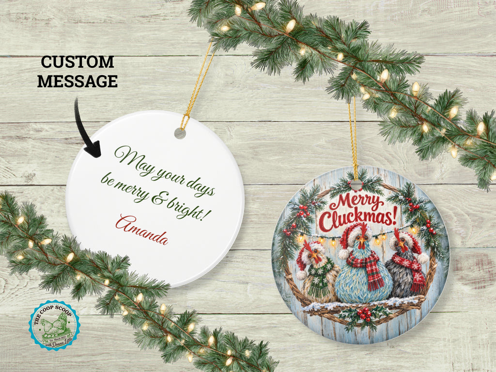 Merry Cluckmas Chicken Christmas Ornament, Funny Chicken Lover Gift, Farmhouse Holiday Decor, Personalized Xmas Message
