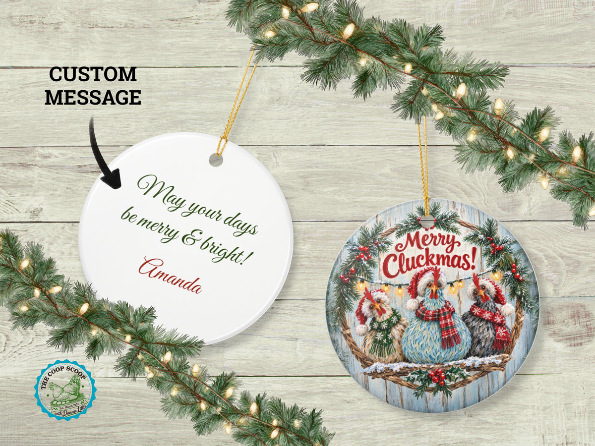 Merry Cluckmas Chicken Christmas Ornament, Funny Chicken Lover Gift, Farmhouse Holiday Decor, Personalized Xmas Message