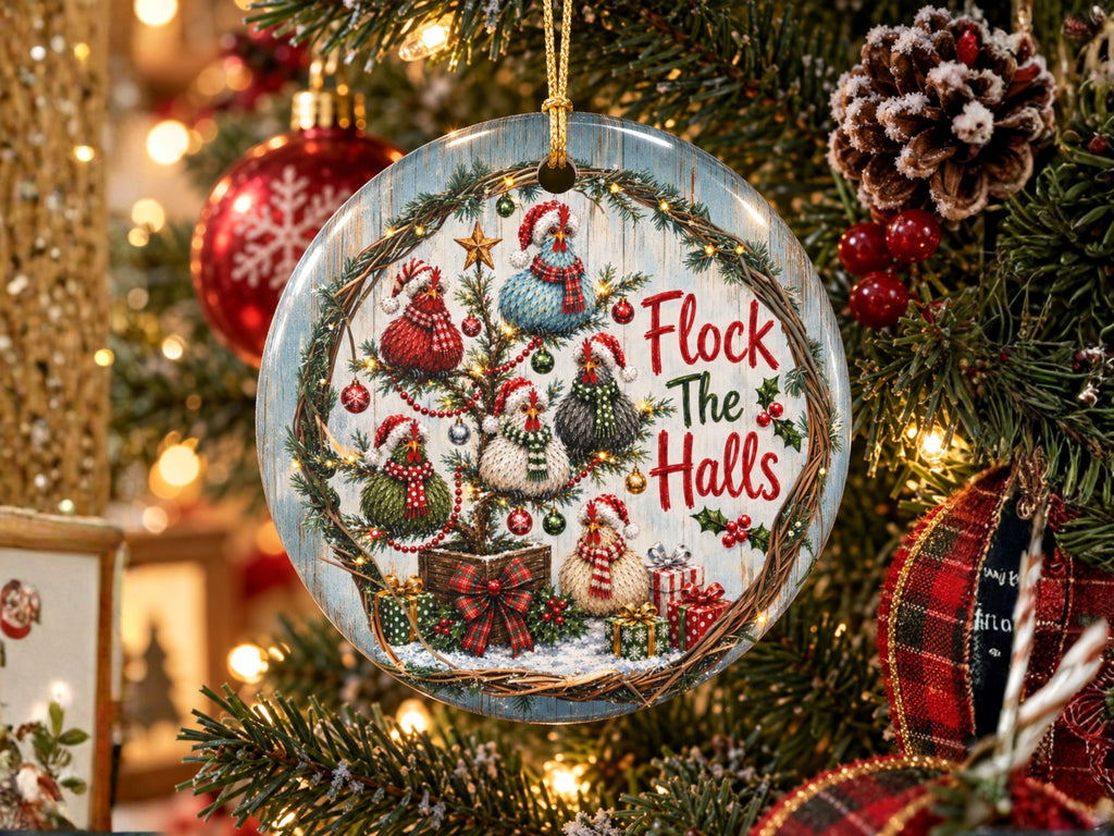 Flock The Halls Chicken Christmas Ornament, Funny Chicken Lover Gift, Farmhouse Holiday Decor, Personalized Xmas Message