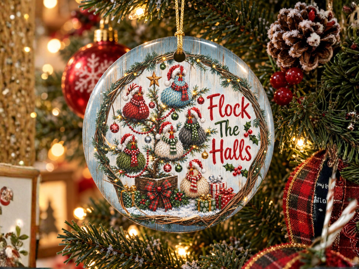 Flock The Halls Chicken Christmas Ornament, Funny Chicken Lover Gift, Farmhouse Holiday Decor, Personalized Xmas Message