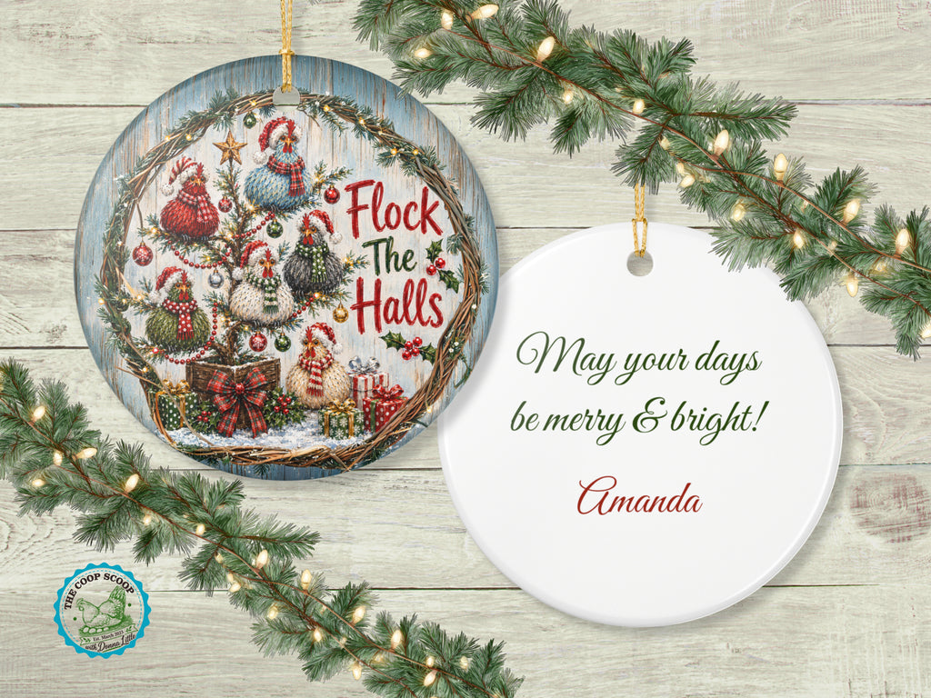 Flock The Halls Chicken Christmas Ornament, Funny Chicken Lover Gift, Farmhouse Holiday Decor, Personalized Xmas Message