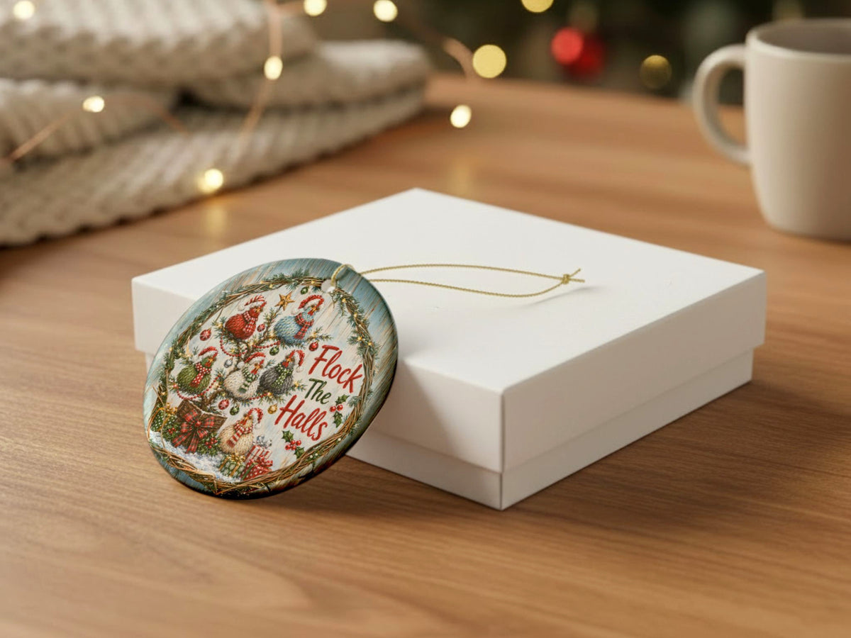 Flock The Halls Chicken Christmas Ornament, Funny Chicken Lover Gift, Farmhouse Holiday Decor, Personalized Xmas Message