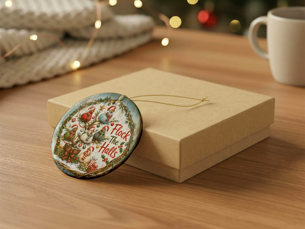 Flock The Halls Chicken Christmas Ornament, Funny Chicken Lover Gift, Farmhouse Holiday Decor, Personalized Xmas Message