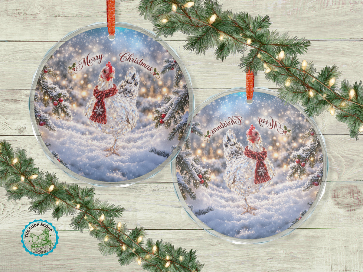 Merry Christmas Chicken Glass Ornament, Chicken Lover Gift, Winter Hen Holiday Decor, Farmhouse Christmas Ornament