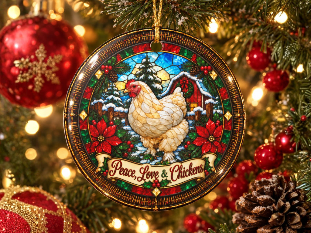 Peace Love & Chickens Christmas Ornament, Chicken Lover Gift, Stained Glass Farmhouse Decor, Personalized Xmas Message