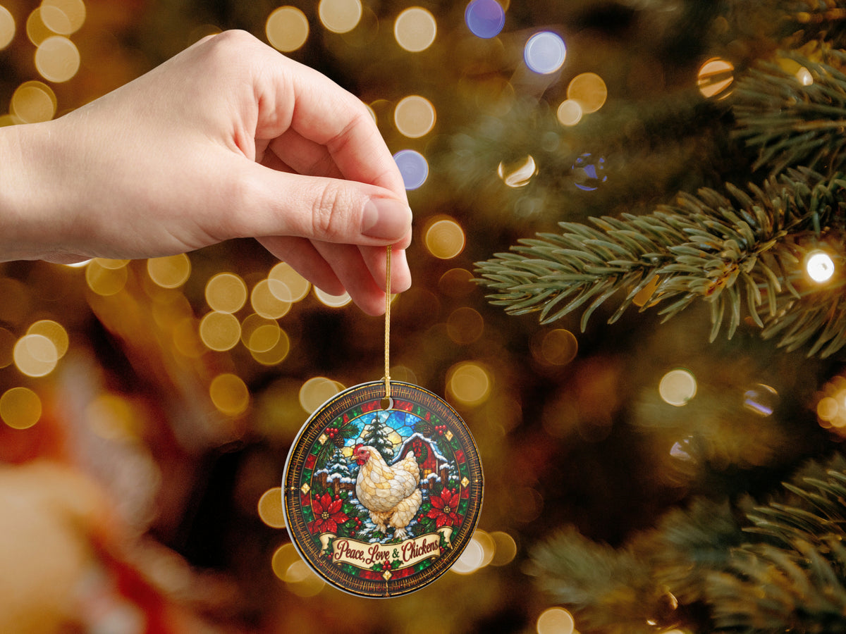 Peace Love & Chickens Christmas Ornament, Chicken Lover Gift, Stained Glass Farmhouse Decor, Personalized Xmas Message