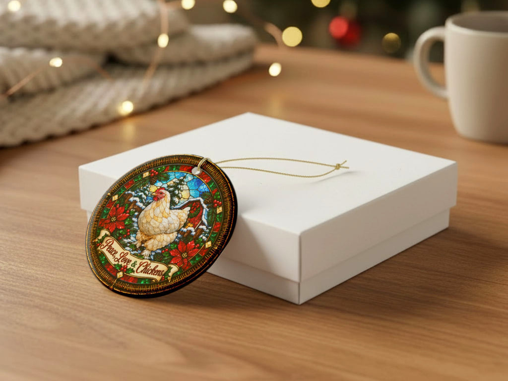 Peace Love & Chickens Christmas Ornament, Chicken Lover Gift, Stained Glass Farmhouse Decor, Personalized Xmas Message