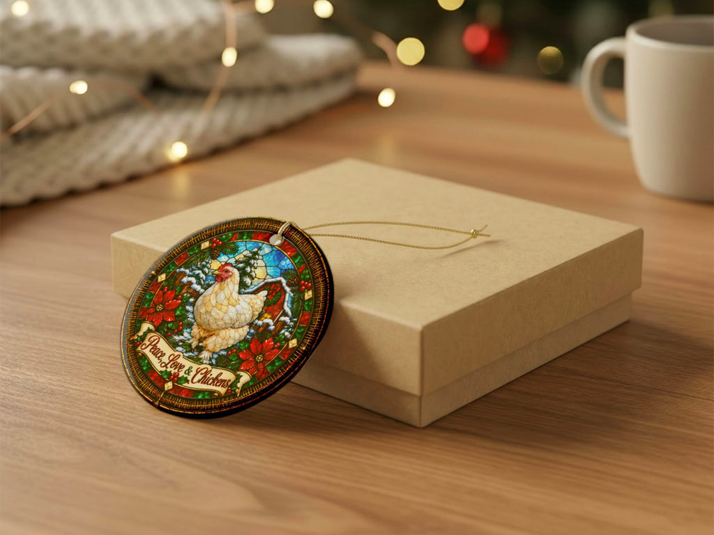 Peace Love & Chickens Christmas Ornament, Chicken Lover Gift, Stained Glass Farmhouse Decor, Personalized Xmas Message